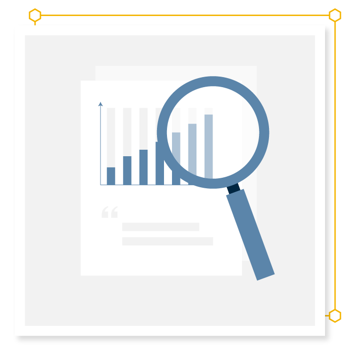 Illustration of a magnifying glass, graphs and testimonial.