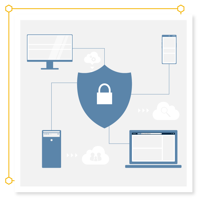 Illustration of devices all connecting into a shield with a closed padlock.